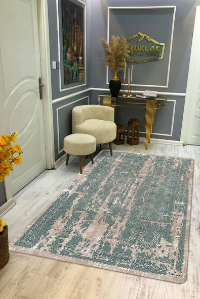 Kaymaz Taban Yıkanabilir Dijital Baskı Krem Yeşil Eskitme Desenli Halı YEŞİL-KREM 180 X 280