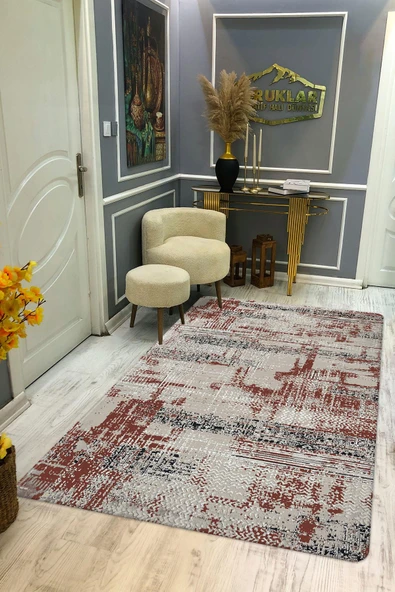 Kaymaz Taban Yıkanabilir Dijital Baskı Eskitme Desenli Halı KIRMIZI-KREM 180 X 280