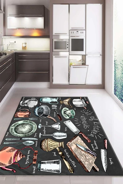 Kaymaz Taban Dijital Baskı Yıkanabilir Modern Desenli Mutfak Halısı RENKLİ 200 X 300