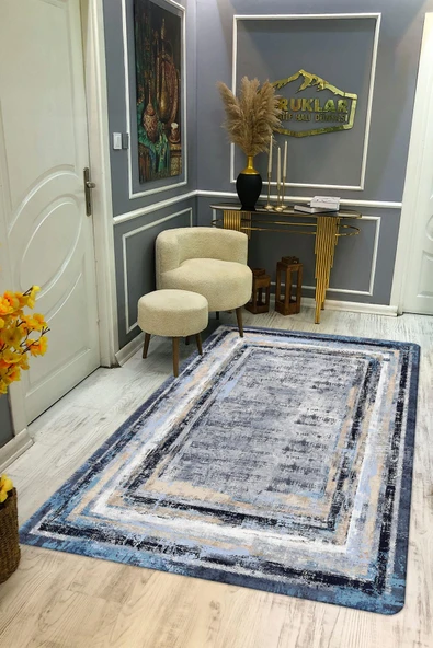 Kaymaz Taban Yıkanabilir Dijital Baskı Mavi Çerçeveli Eskitme Desenli Halı SİYAH-MAVİ-RENKLİ 140 X 200