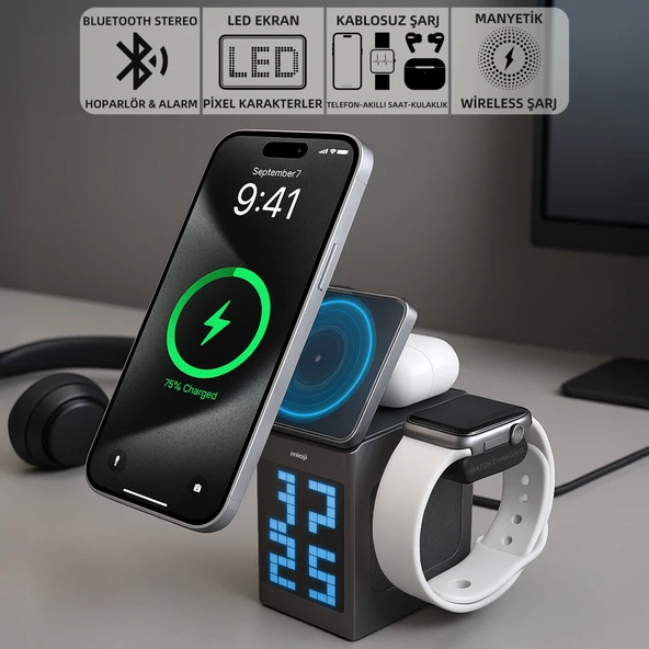 Mioji Mio Cube 5 Saatli ve BT Hoparlörlü 5in1 Telefon Tutucu - Siyah