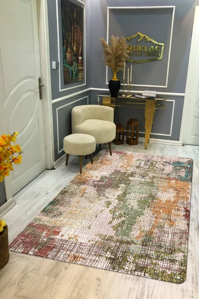 Kaymaz Taban Yıkanabilir Dijital Baskı Eskitme Desenli Salon Halısı RENKLİ 180 X 280