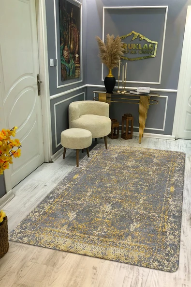 Kaymaz Taban Yıkanabilir Dijital Baskı Gri Eskitme Desenli Salon Halısı RENKLİ 160 X 230