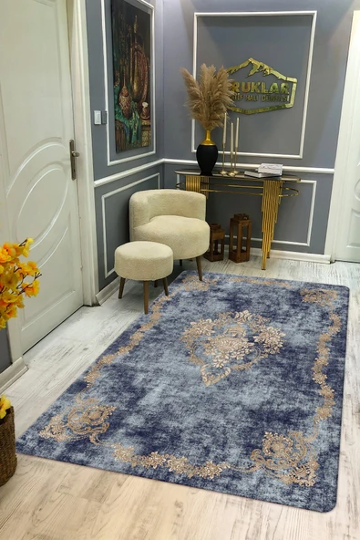 Kaymaz Taban Yıkanabilir Dijital Baskı Eskitme Desenli Salon Halısı RENKLİ 100 X 200