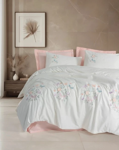 Cotton Box 3D Nakışlı Çift Kişilik Saten Nevresim Takımı Liva Pudra ürün görseli