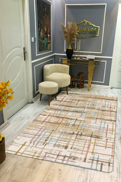 Kaymaz Taban Yıkanabilir Dijital Baskı Eskitme Desenli Salon Halısı RENKLİ 100 X 300