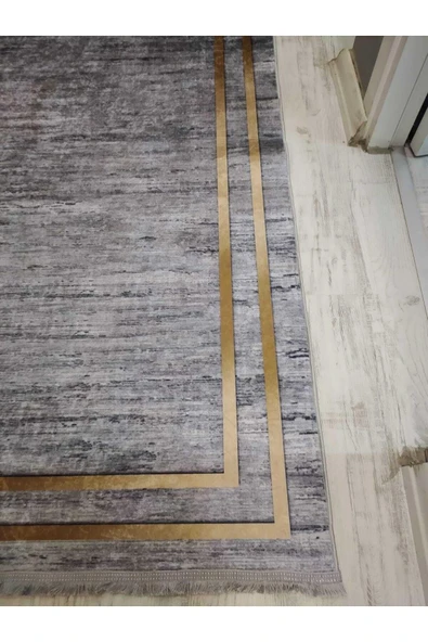Eskitme Zeminli Gold Çerçeve Desenli Kaymaz Taban Yıkanır Leke Tutmaz Dot Taban Halı Drk8049-8 GOLD-GRİ 200 X 300 - 2