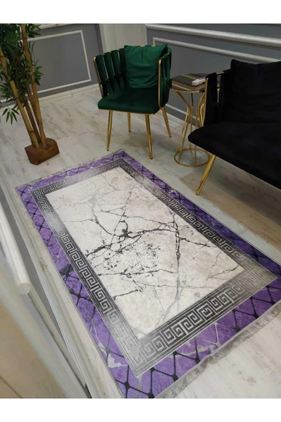 Çerçeve Silver Granit Desenli Kaymaz Taban Yıkanır Leke Tutmaz Dot Taban Halı Drk8050-2 MOR-GRİ 140 X 200 - 2