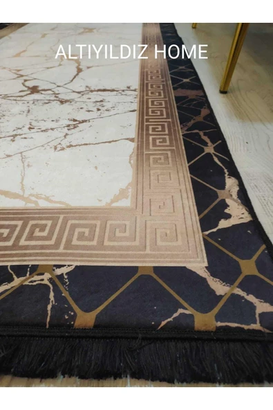 Çerçeveli Gold Granit Desenli Kaymaz Taban Yıkanır Leke Tutmaz Dot Taban Halı Drk-8006-1 SİYAH-KREM-GOLD 180 X 280 - 4