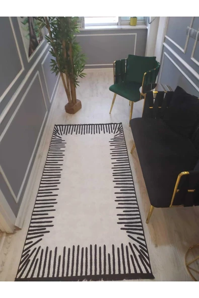 Kenarları Çizgili Desenli Kaymaz Taban Yıkanabilir Leke Tutmaz Dot Taban Halı Drk-8009-2 SİYAH-BEYAZ 200 X 300 - 2