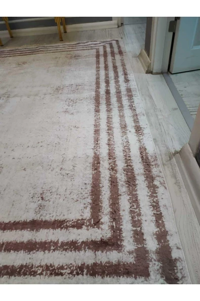 Eskitme Çerçeveli Desenli Kaymaz Taban Yıkanabilir Leke Tutmaz Dot Taban Halı Drk-8004-2 BEYAZ-KAHVE 200 X 300