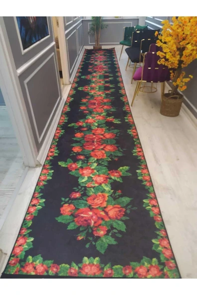 Şeritli Gül Desenli Kaymaz Taban Yıkanabilir Leke Tutmaz Dot Taban Halı Drk-8026-9 KIRMIZI-SİYAH 140 X 200