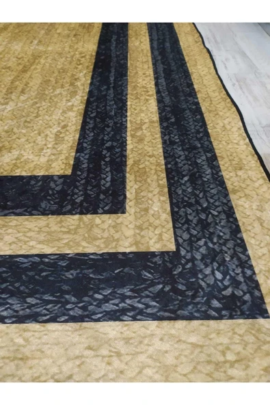 Siyah Çerçeveli Hasır Görünüm Baskılı Desenli Kaymaz Taban Leke Tutmaz Dot Taban Halı Drk8048-9 GOLD-SİYAH 100 X 200 - 2