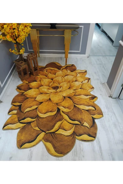 Hardal Renkli Lazer Kesim Desenli Kaymaz Taban Yıkanabilir Leke Tutmaz Dot Taban Halı Drk-8022-6 HARDAL-GOLD 80 X 150 - 2