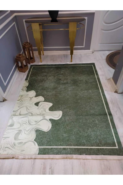 Haki Yeşili Zemin Çerçeve Desenli Kaymaz Taban Yıkanabilir Leke Tutmaz Dot Taban Halı Drk8044-8 HAKİ YEŞİLİ 200 X 300