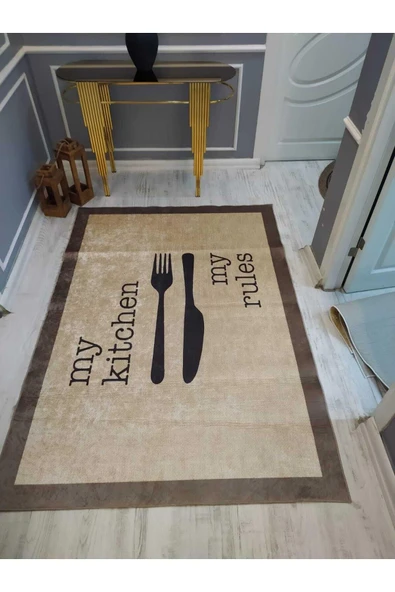 My Kitchen Desenli Mutfak Halısı Kaymaz Taban Yıkanabilir Leke Tutmaz Dot Taban Halı Drk8047-2 KAHVE TONLAMALI 100 X 200