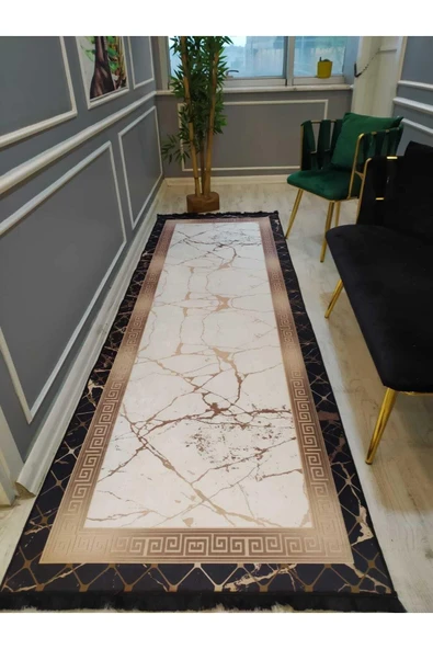 Çerçeveli Gold Granit Desenli Kaymaz Taban Yıkanır Leke Tutmaz Dot Taban Halı Drk-8006-1 SİYAH-KREM-GOLD 80 X 300 - 3