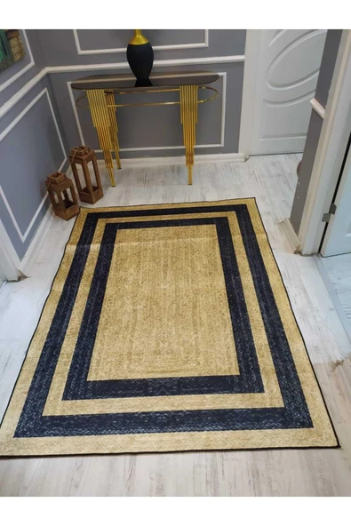 Siyah Çerçeveli Hasır Görünüm Baskılı Desenli Kaymaz Taban Leke Tutmaz Dot Taban Halı Drk8048-9 GOLD-SİYAH 80 X 200
