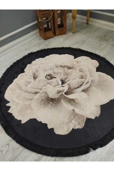 Siyah Zemin Beyaz Gül Desenli Yuvarlak Kaymaz Taban Yıkanır Leke Tutmaz Dot Taban Halı Drk-8017-1 SİYAH-BEYAZ 160 X 160