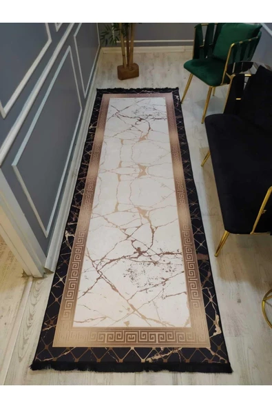 Çerçeveli Gold Granit Desenli Kaymaz Taban Yıkanır Leke Tutmaz Dot Taban Halı Drk-8006-1 SİYAH-KREM-GOLD 80 X 200