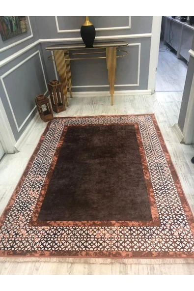 Örüntülü Çerçeve Desenli Kaymaz Taban Yıkanabilir Leke Tutmaz Dot Taban Halı Drk-8012-1 BAKIR-KOYU KAHVE 80 X 300