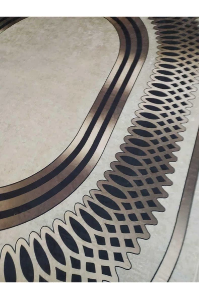 Örüntülü Çerçeve Desenli Oval Kaymaz Taban Yıkanabilir Leke Tutmaz Dot Taban Halı Drk-8013-2 KREM-SİYAH 140 X 200 - 2