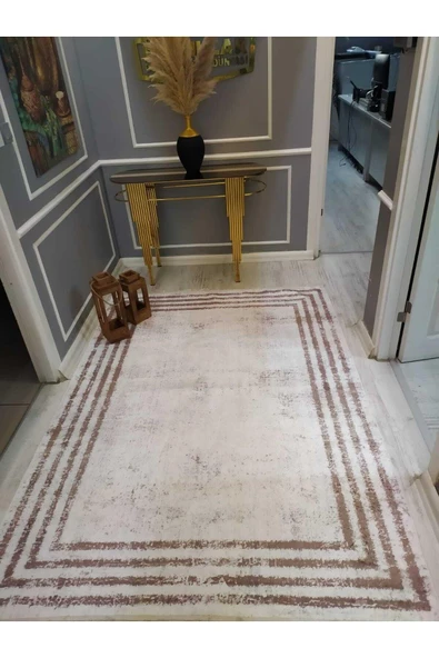 Eskitme Çerçeveli Desenli Kaymaz Taban Yıkanabilir Leke Tutmaz Dot Taban Halı Drk-8004-2 BEYAZ-KAHVE 100 X 300 - 2