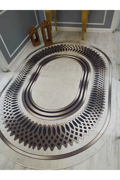 Örüntülü Çerçeve Desenli Oval Kaymaz Taban Yıkanabilir Leke Tutmaz Dot Taban Halı Drk-8013-2 KREM-SİYAH 120 X 180