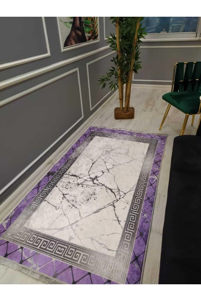 Çerçeve Silver Granit Desenli Kaymaz Taban Yıkanır Leke Tutmaz Dot Taban Halı Drk8050-2 MOR-GRİ 80 X 150
