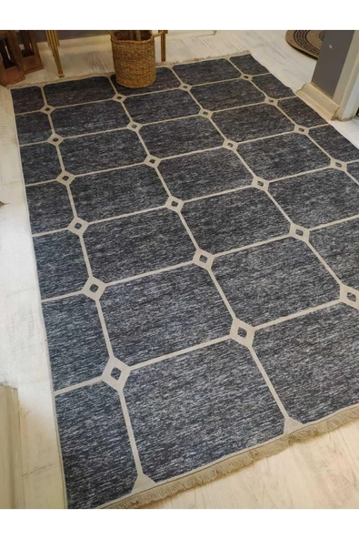 Eskitme Zemin Dekoratif Desenli Kaymaz Taban Yıkanabilir Leke Tutmaz Dot Taban Halı Drk8043-2 GRİ-KREM 80 X 200 - 2