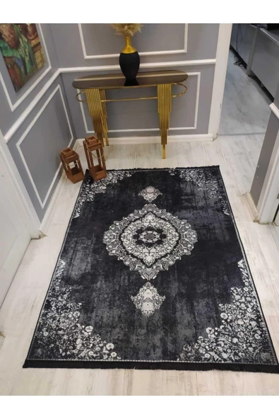 Eskitme Zeminli Modern Klasik Desenli Kaymaz Taban Yıkanır Leke Tutmaz Dot Taban Halı Drk8037-3 SİYAH-BEYAZ 200 X 300