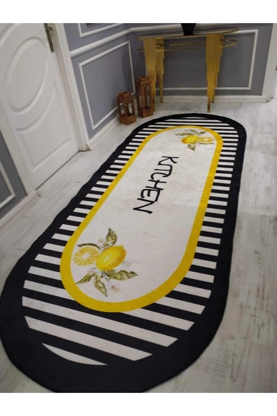 Piyano Dilimli Limonlu Kitchen Desenli Kaymaz Taban Yıkanır Leke Tutmaz Dot Taban Halı Drk-8027-7 SİYAH-SARI 100 X 200