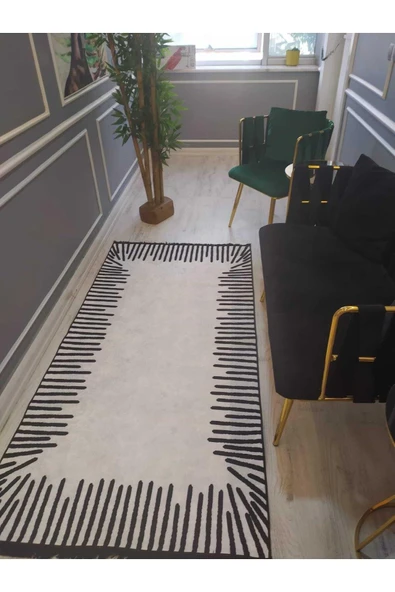Kenarları Çizgili Desenli Kaymaz Taban Yıkanabilir Leke Tutmaz Dot Taban Halı Drk-8009-2 SİYAH-BEYAZ 80 X 150