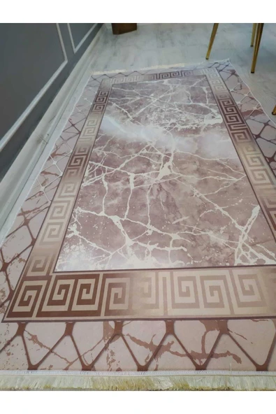 Çerçeveli Granit Desenli Kaymaz Taban Yıkanabilir Leke Tutmaz Dot Taban Halı Drk-8024-6 VİZON-GOLD 140 X 200