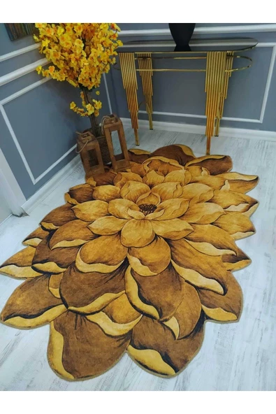 Hardal Renkli Lazer Kesim Desenli Kaymaz Taban Yıkanabilir Leke Tutmaz Dot Taban Halı Drk-8022-6 HARDAL-GOLD 80 X 150