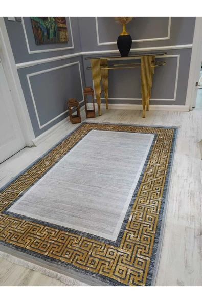Örüntü Çerçeve Desenli Kaymaz Taban Yıkanabilir Leke Tutmaz Dot Taban Halı Drk8032-9 AÇIK GRİ-GOLD 100 X 200