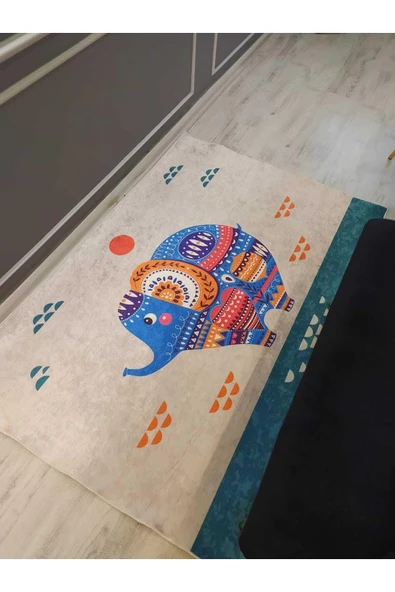 Tatlı Fil Desenli Kaymaz Taban Yıkanabilir Leke Tutmaz Dot Taban Halı Drk-8025-2 KREM-MAVİ 160 X 230