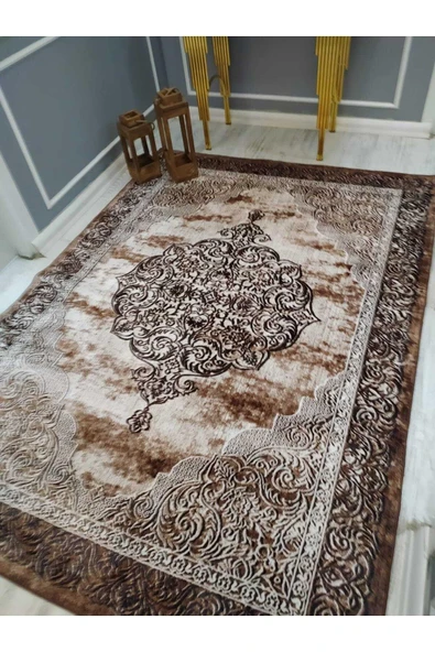 Modern Klasik Desenli Kaymaz Taban Yıkanabilir Leke Tutmaz Dot Taban Halı Drk-8020-1 KAHVE TONLAMALI 100 X 300