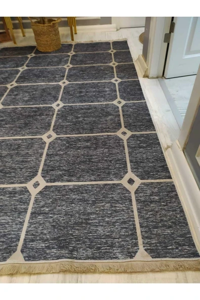 Eskitme Zemin Dekoratif Desenli Kaymaz Taban Yıkanabilir Leke Tutmaz Dot Taban Halı Drk8043-2 GRİ-KREM 80 X 300 - 3