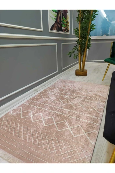 Iskandinav Desenli Kaymaz Taban Yıkanabilir Leke Tutmaz Dot Taban Halı Drk-8011-1 PEMBE-BEYAZ 140 X 200