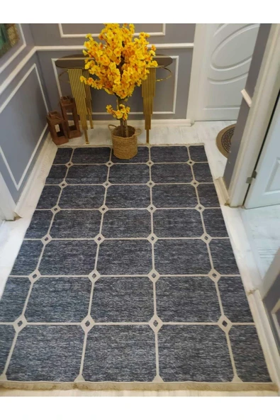 Eskitme Zemin Dekoratif Desenli Kaymaz Taban Yıkanabilir Leke Tutmaz Dot Taban Halı Drk8043-2 GRİ-KREM 80 X 300