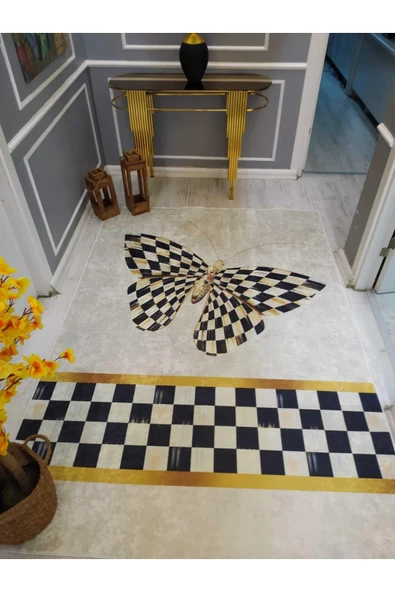 Tatlı Kelebek Desenli Kaymaz Taban Yıkanabilir Leke Tutmaz Dot Taban Halı Drk8028-4 SİYAH-BEYAZ-GOLD 80 X 200
