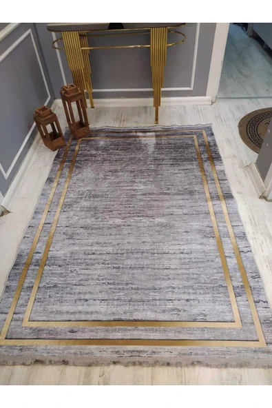 Eskitme Zeminli Gold Çerçeve Desenli Kaymaz Taban Yıkanır Leke Tutmaz Dot Taban Halı Drk8049-8 GOLD-GRİ 80 X 300