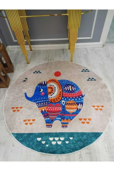 Tatlı Fil Desenli Yuvarlak Kaymaz Taban Yıkanabilir Leke Tutmaz Dot Taban Halı Drk-8015-2 RENGARENK 180 X 180