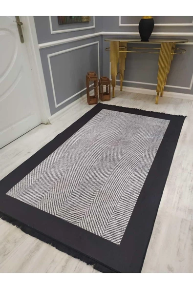 Çerçeveli Çizgili Kilim Desenli Kaymaz Tabanlı Yıkanabilir Leke Tutmaz Dot Taban Halı Drk8064-7 SİYAH-BEYAZ 80 X 300