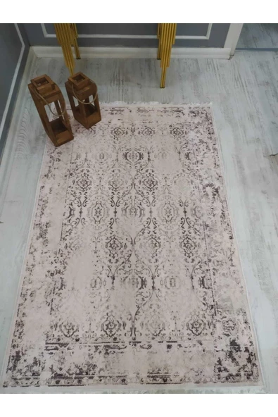 Eskitme Klasik Desenli Kaymaz Tabanlı Yıkanabilir Leke Tutmaz Dot Taban Halı Drk8065-10 KREM-KAHVE 140 X 200
