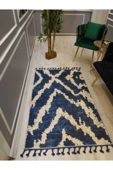 Dekoratif Kilim Desenli Kaymaz Tabanlı Yıkanabilir Leke Tutmaz Dot Taban Halı Drk8059-9 LACİVERT KREM 160 X 230