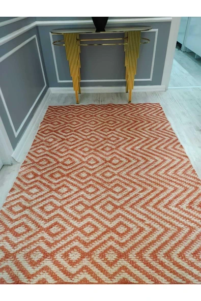 Kaymaz Tabanlı Leke Tutmaz Yıkanabilir Hasır Görünüm Desenli Dot Taban Halı Drk8085-4 TURUNCU-HASIR 100 X 300