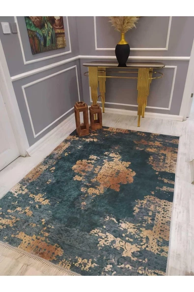 Eskitme Desenli Kaymaz Tabanlı Yıkanabilir Leke Tutmaz Dot Taban Halı Drk8078-8 KOYU YEŞİL-GOLD 100 X 300 - 2
