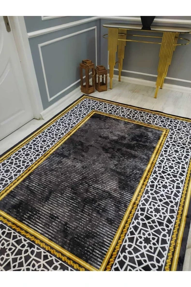 Eskitme Zeminli Çerçeve Desenli Kaymaz Tabanlı Yıkanabilir Leke Tutmaz Dot Taban Halı Drk8057-1 SİYAH-BEYAZ-GOLD 100 X 200 - 2